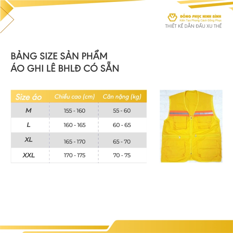 bảng size áo gile đồng phục có sẵn