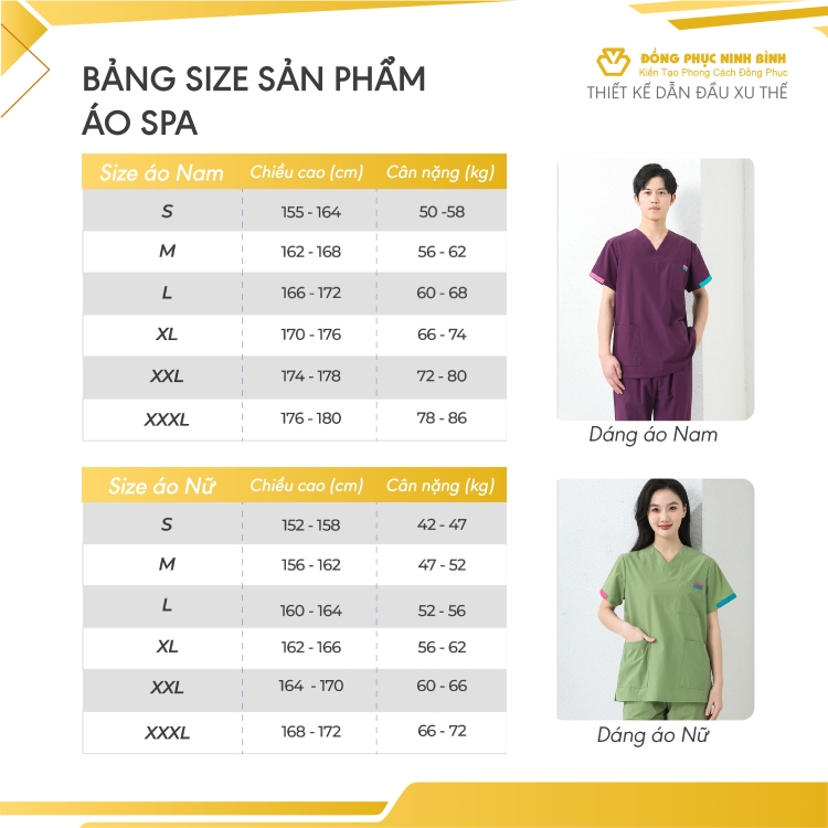 bảng size áo spa đồng phục